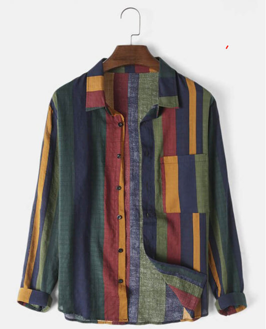 2022 Men's Striped Cotton Linen Breathable Long Sleeve Shirt