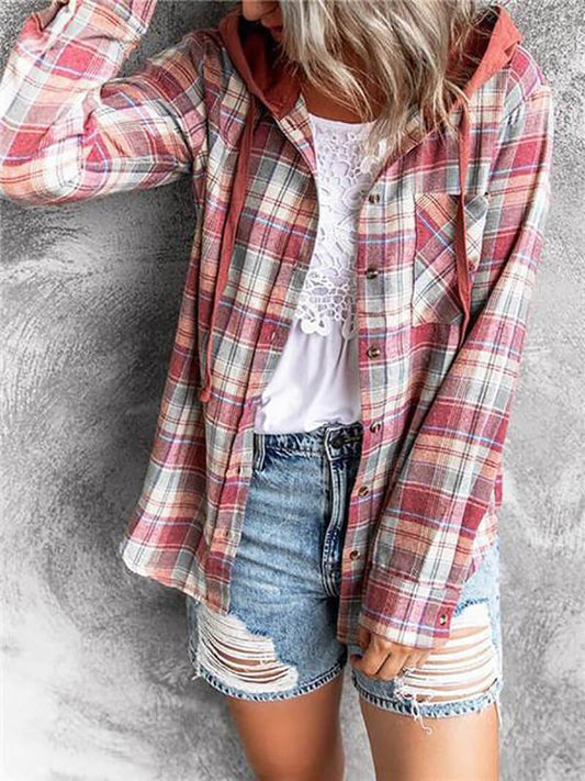 90s Checkered Hoodie Button-Up Top