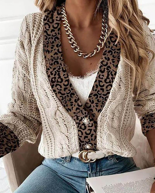 Cozy Glam Leopard Cable Knit Sweater【FREE SHIIPPING】